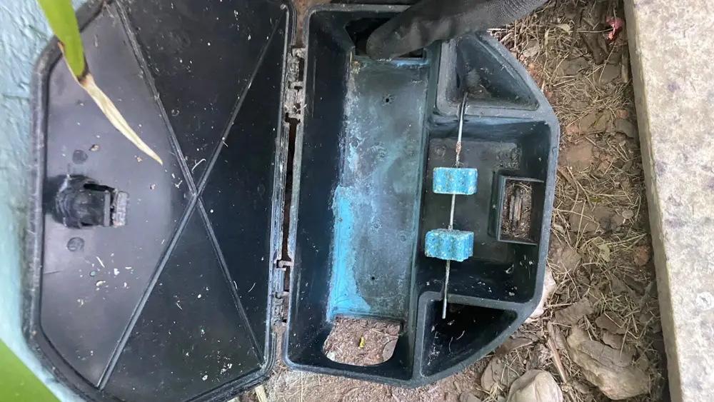 Porta-isca para controle de ratos instalado pela D.Lucca em área externa
